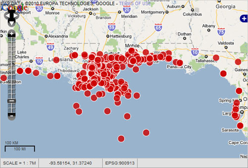 Карта распределения жалоб на заболевания, связанные с разливом нефти