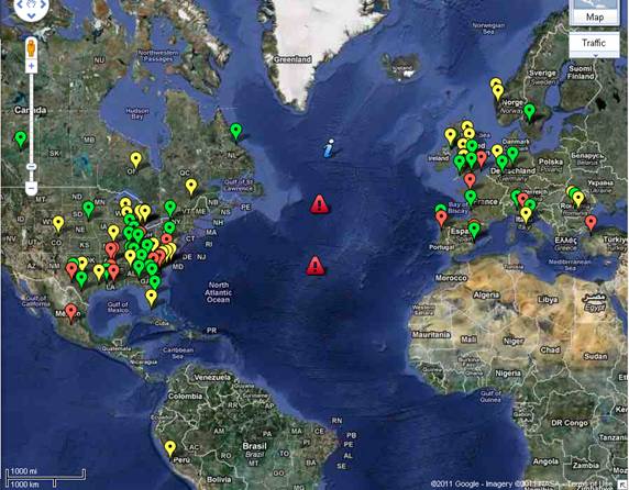 Фрагмент карты массовой гибели птиц, рыб и животных в январе 2011 г