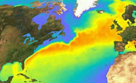 Тёплое течение Гольфстрим, исходящее из Мексиканского залива в северную Атлантику