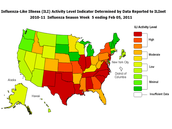 карта индексов заболевания, похожего на грипп (ILI; на 05/02/2011)