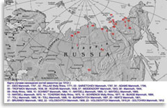 Карта находок останков мамонтов в Сибири