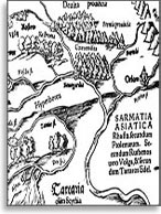 Рис. 5. Фрагмент карты Тартарии (Скифии) Себастьяна Мюнстера. Базель. По материалам Сигизмунда Герберштейна. Гравюра на дереве. 1544 г.