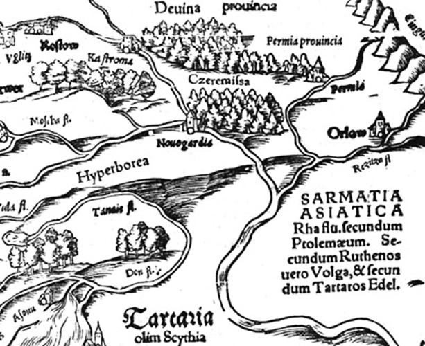 Рис. 5. Фрагмент карты Тартарии (Скифии) Себастьяна Мюнстера. Базель. По материалам Сигизмунда Герберштейна. Гравюра на дереве. 1544 г.