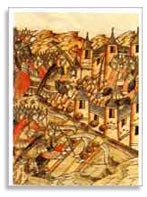 Осада Козельска в 1239 г. Миниатюра XVI в. (Голицынский том Никоновской летописи. Рукописный отдел ГПБ)