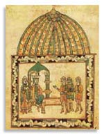 Великий князь Дмитрий Иванович узнаёт от пленного татарина о планах хана Мамая завоевать Русь. Миниатюра из сказания о Мамаевом побоище. 17 век