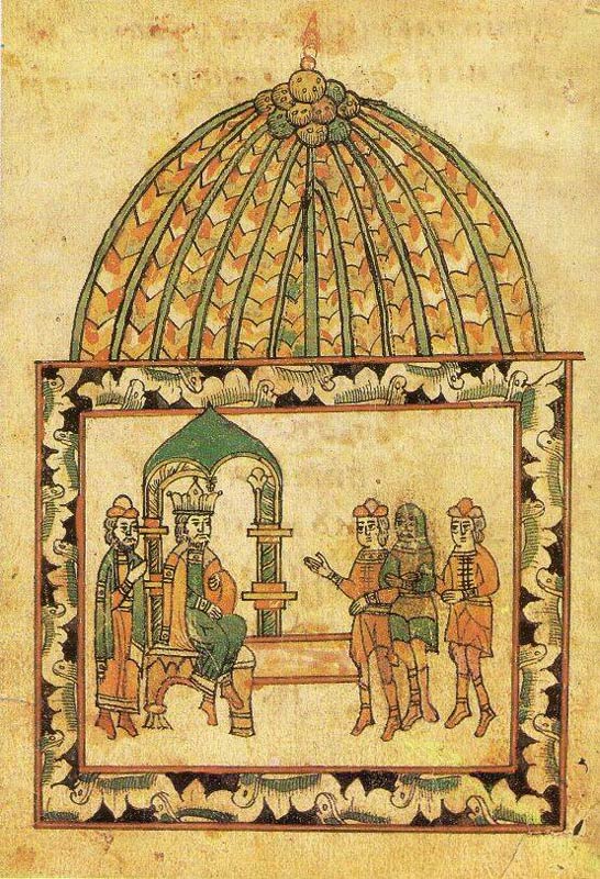 Великий князь Дмитрий Иванович узнаёт от пленного татарина о планах хана Мамая завоевать Русь. Миниатюра из сказания о Мамаевом побоище. 17 век