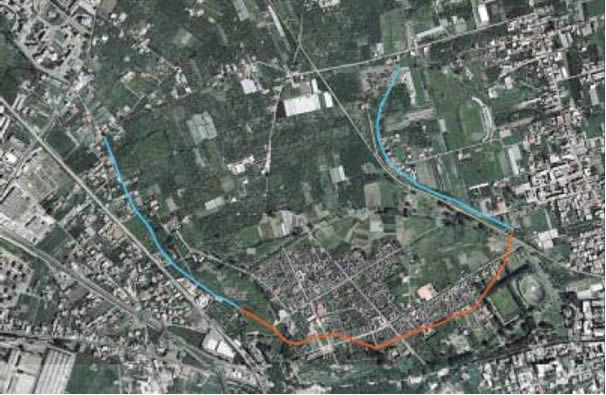 Снимок Помпей из космоса с маршрутом водовода. Снимок Помпей из космоса с маршрутом водовода.